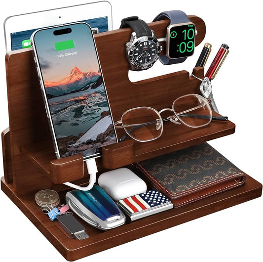 Wood Phone Docking Station - Nightstand Charging Organizer and Cell Phone Stand