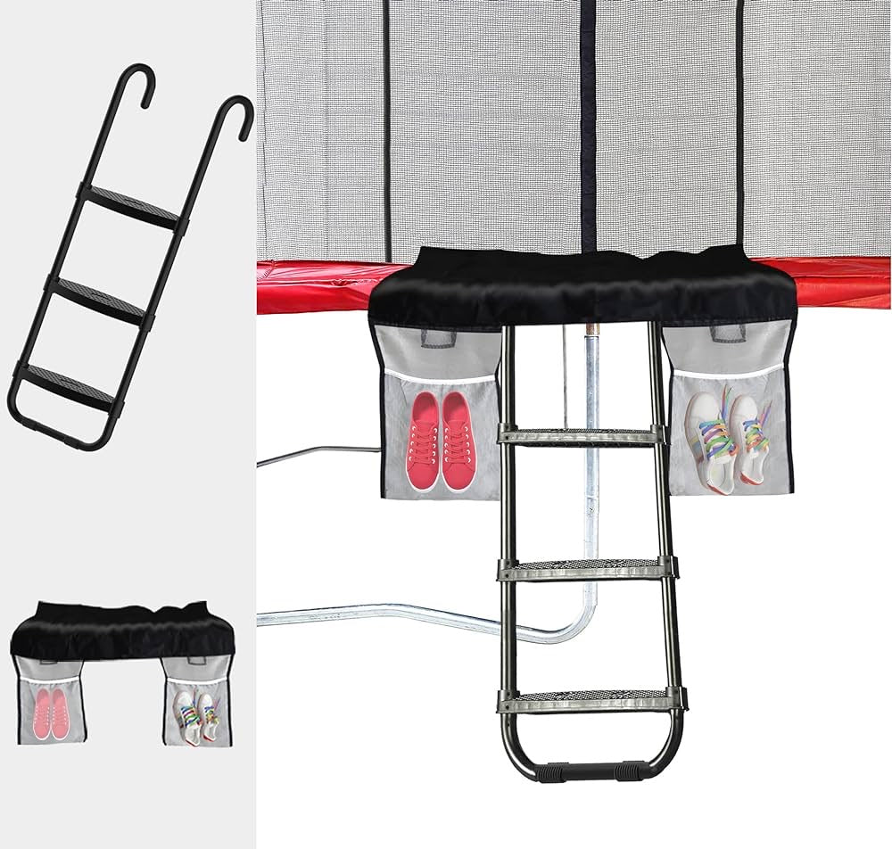 USA Universal Easy-to-Assemble Trampoline Ladder, 3 Steps with Wide Steps, Trampoline Storage Bag, 220 lbs Capacity Trampoline Accessories for Children Kids, Black