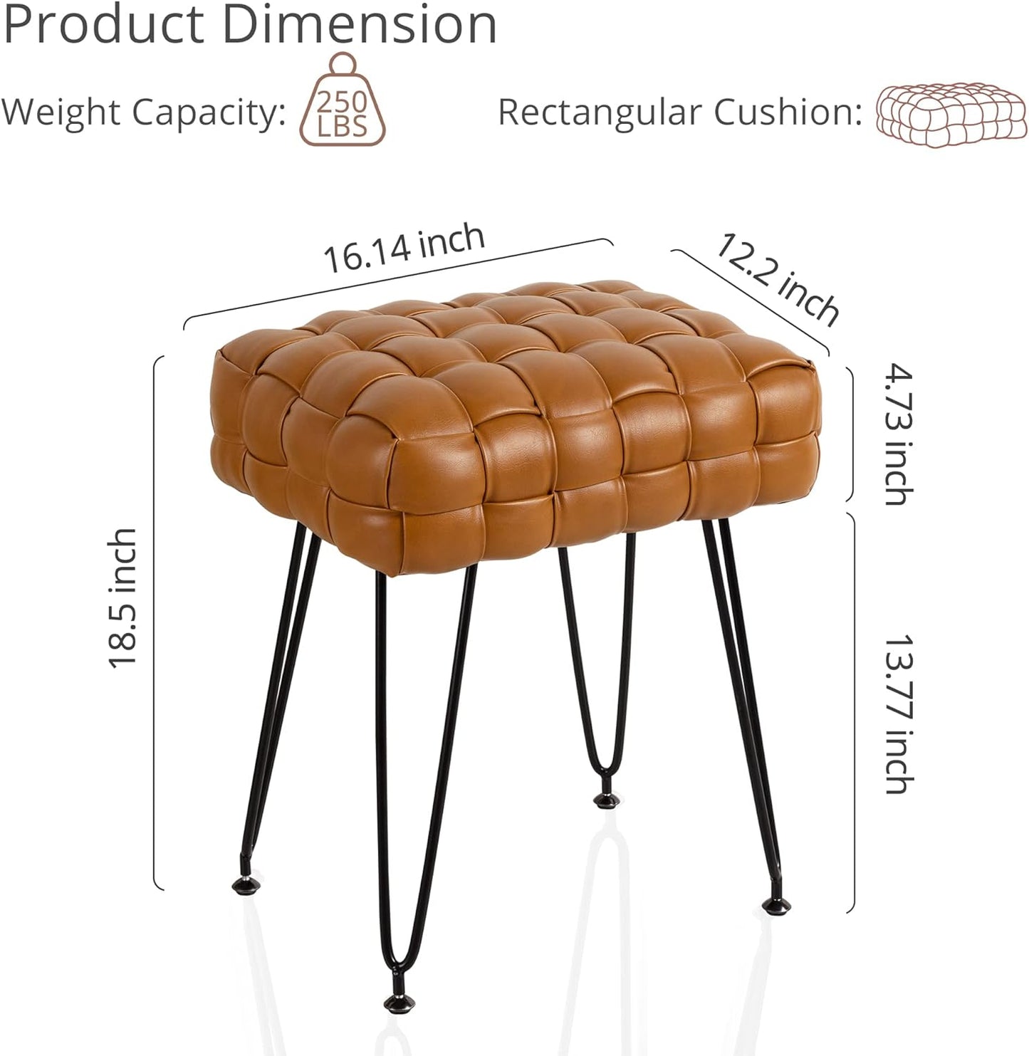 Faux Leather Vanity Stool, Upholstered Make up Bench, Rectangle Ottoman Foot Stool, Tufted Footrest Stool Makeup Stool with Silver Chrome Legs for Living Room, Dressing Room, Whisky Brown