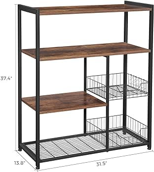 Kitchen Baker Rack, Industrial Kitchen Shelf with 2 Mesh Baskets,Microwave Oven Stand, Rustic Brown