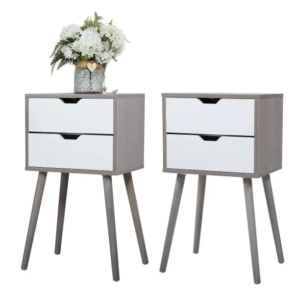 Nightstand, End Side Table with 2 Drawer and Solid Wood Legs, Bedside Table for Bedrooms, Mid-Century Modern Storage Cabinet for Living Room Furniture, Nightstands