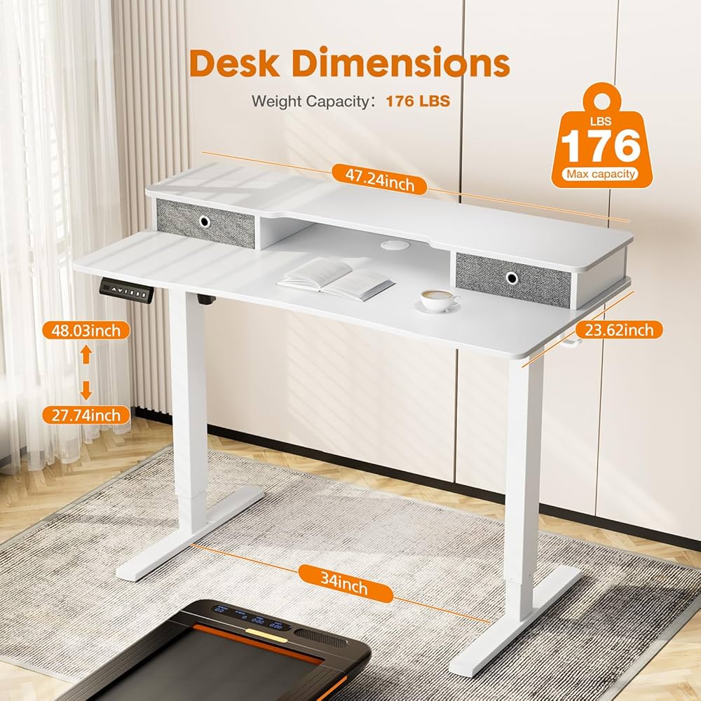 55" X 24" Inch Electric Standing Desk Adjustable Height Stand Up Desk, Sit Stand Desk Adjustable Desk, Home Office Computer Desk With Storage Shelf, Double Drawer,Splice Board,2 Hook