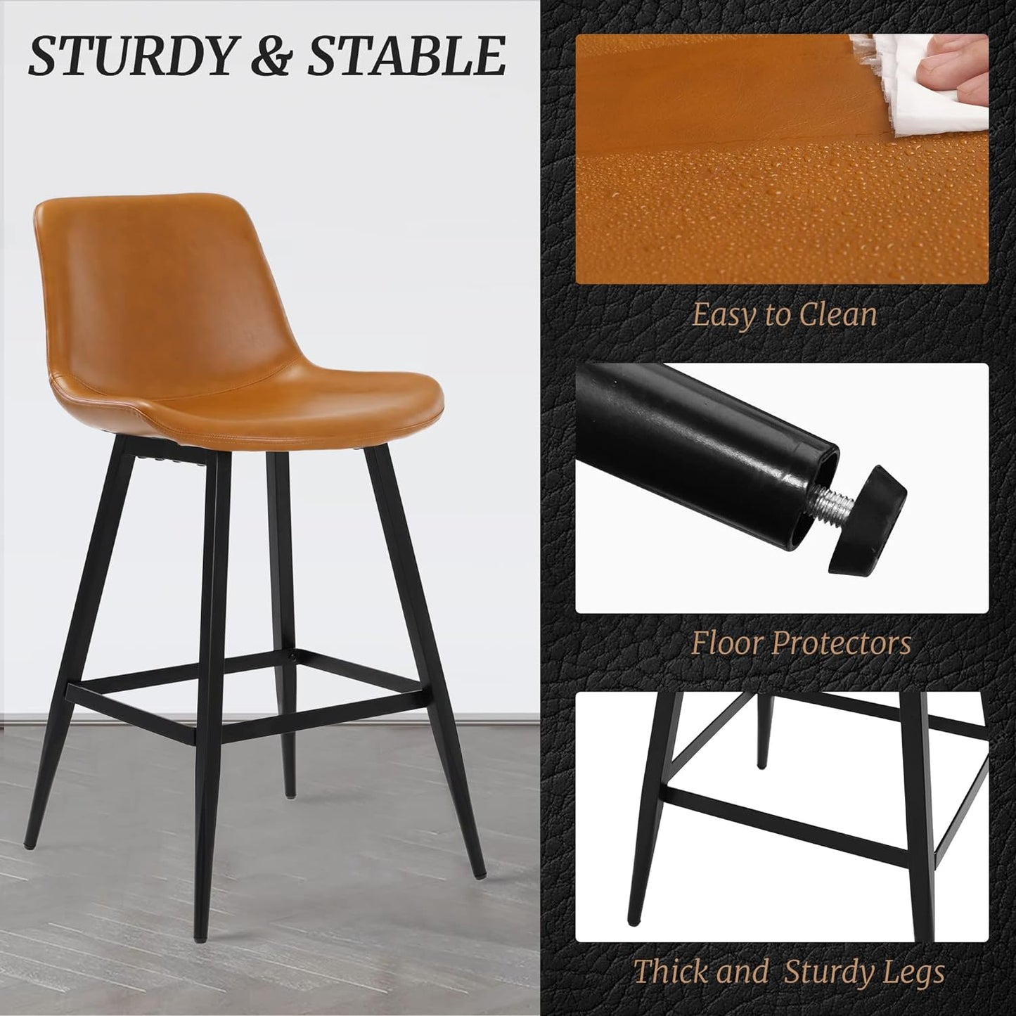 Set of 2 Armless Bar Stools,24"，Upholstered Bar Stool with Back,Faux Leather Performance Material in Whiskey Brown, Dining Room Chairs with Metal Legs, Suitable for Home, Bistro Coffee Shop