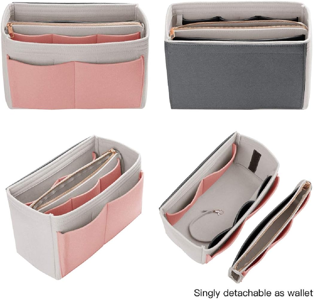 Purse Organizer Insert, Felt Bag Organizer with Metal Zipper, Handbag & Tote Shaper, For Speedy Neverfull Tote.Cream with Pink