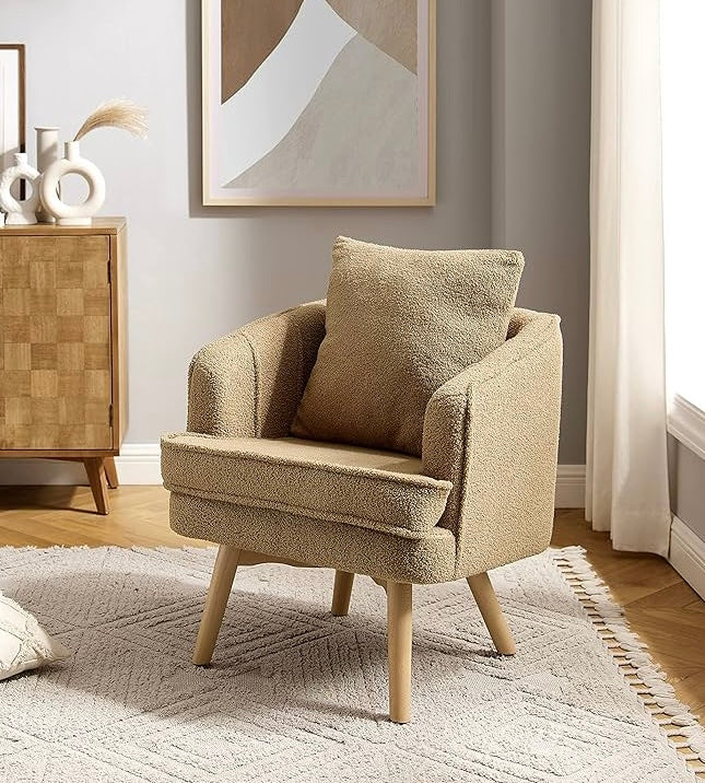 Sherpa Fleece Accent Chair, Mid Century Modern Comfy Berber Fleece Upholstered Armchair with Wooden Legs Single Sofa Chair for Living Room Bedroom, Light Brown