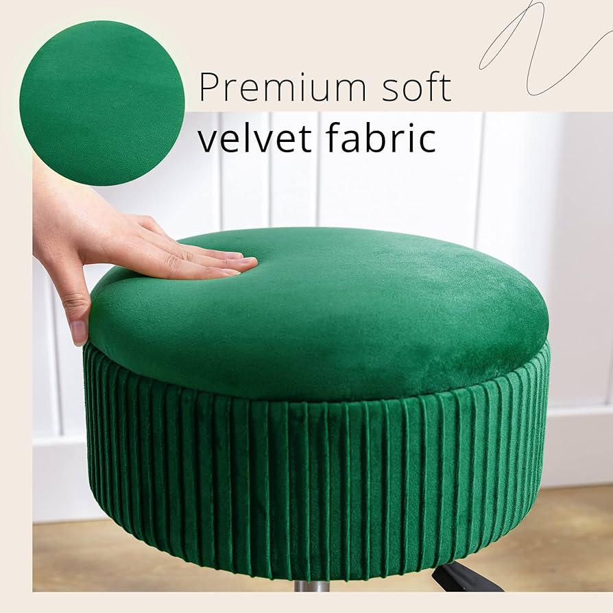 360°Swivel Vanity Stool Chair for Makeup Room, Height Adjustable Stool for Vanity with Storage, Small Emerald Velvet Vanity Stool for Bathroom, Living Room