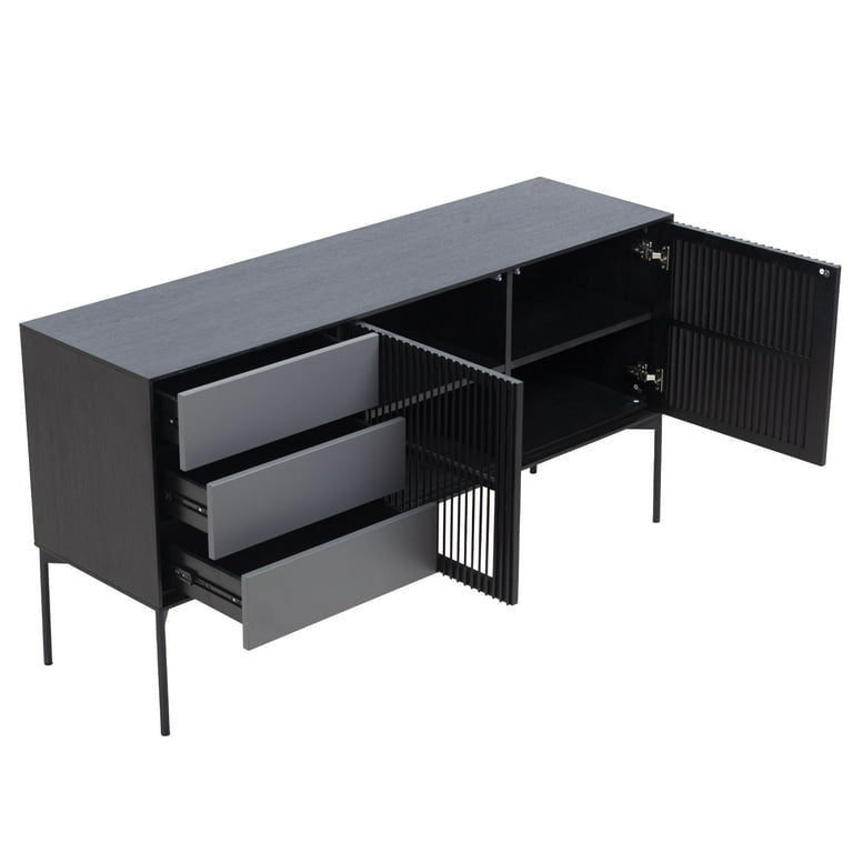 Sideboard Cabinet with 3 Drawers & 2 Doors,Modern Kitchen Buffet Sideboard Storage Console Table with Metal Legs,Buffet Server Cupboard for Living Room Dining Room Entryway,Black