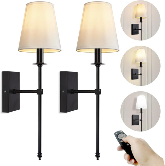 Set of 2 Rechargeable Battery Operated Wall Sconces with Remote Control, No Wiring 3000/4000/6000K Dimmable Wall Light with White Fabric Shade and Black Long Slim Arm