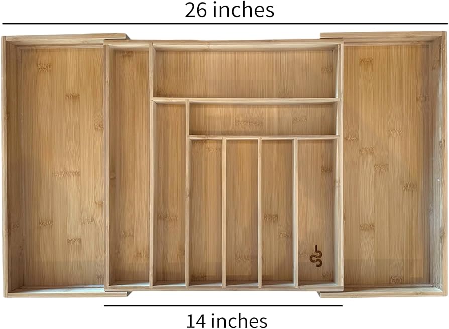 CBC Home- Extra Large Premium Bamboo Silverware Organizer- 14''-26'' Expandable Kitchen Drawer Organizer and Utensil Organizer, Cutlery Tray with Drawer Dividers (7-9 Slots)