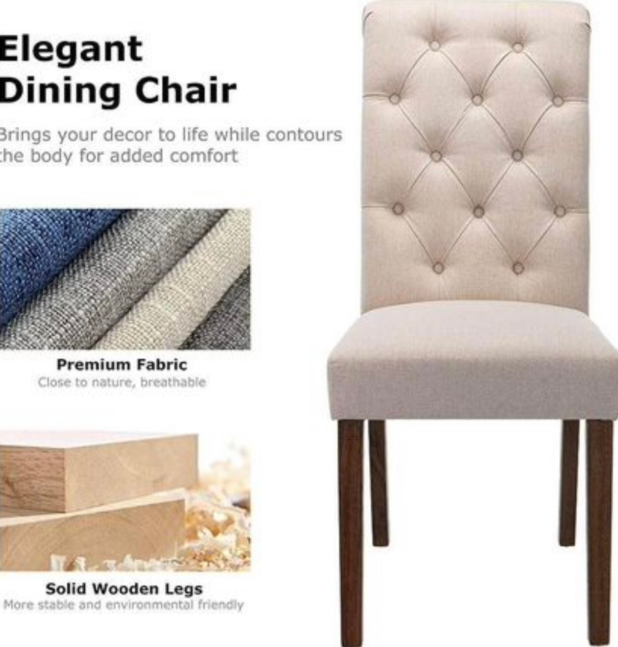 Tufted Dining Chairs. Elegant Fabric Side Upholstered Parsons, Wood legs.Beige