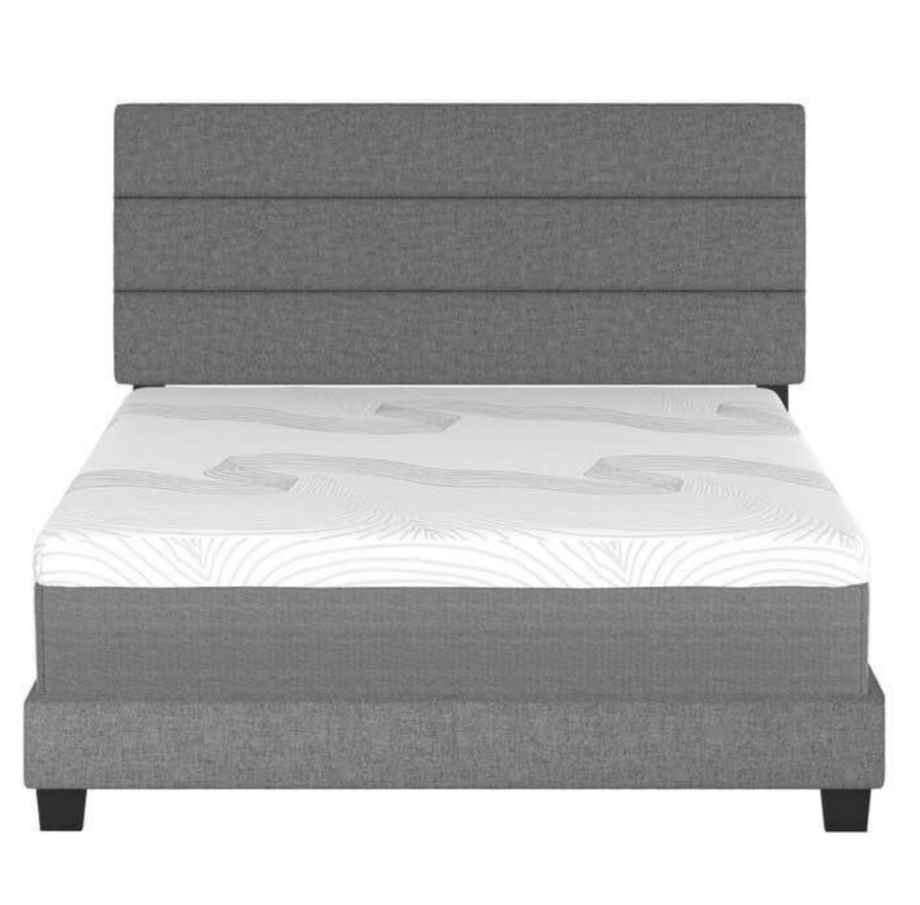 Upholstered Linen Tri-Panel Channel Headboard Platform Bed Frame, tQueen, Gray