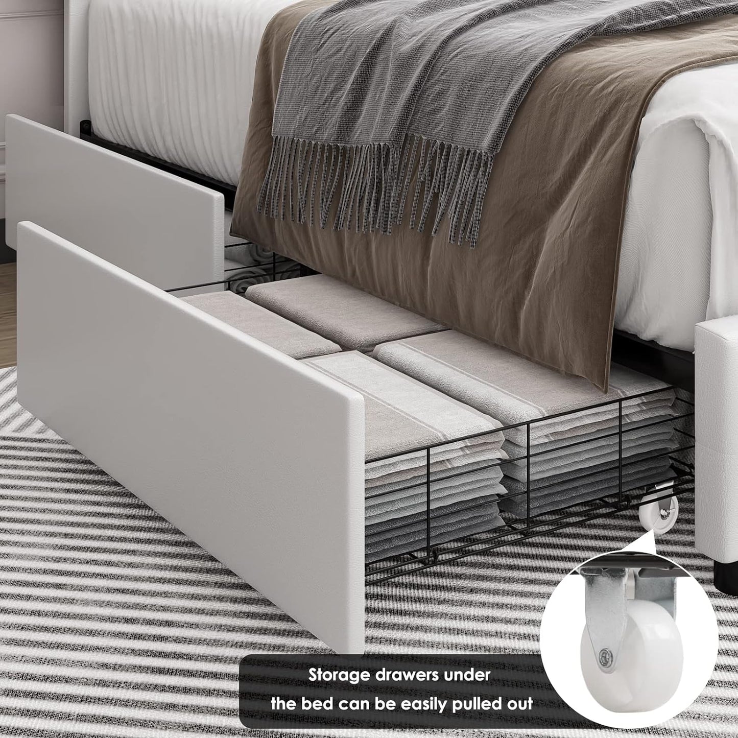 Modern Upholstered Bed Frame with 4 Drawers, Button Tufted Headboard Design, Solid Wooden Slat Support, Easy Assembly, Queen Size, White
