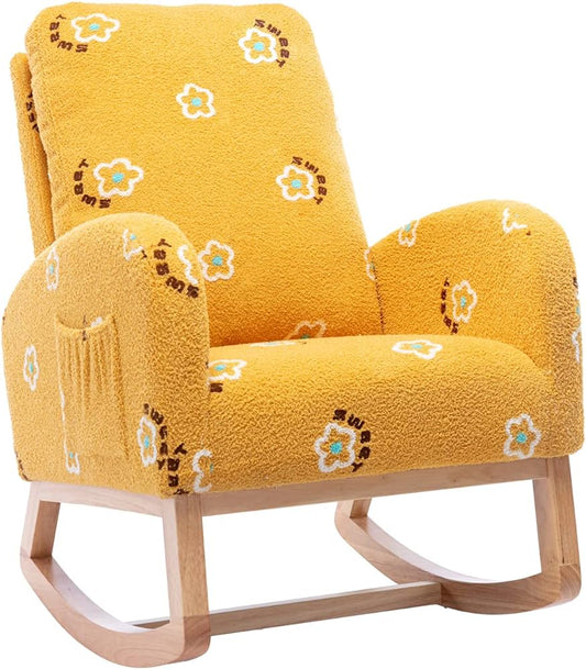 Rocking Chair for Nursery, Midcentury Modern Accent Rocker Armchair with Side Pocket, Upholstered High Back Wooden Rocking Chair for Living Room Baby Room Bedroom (Yellow Flower)