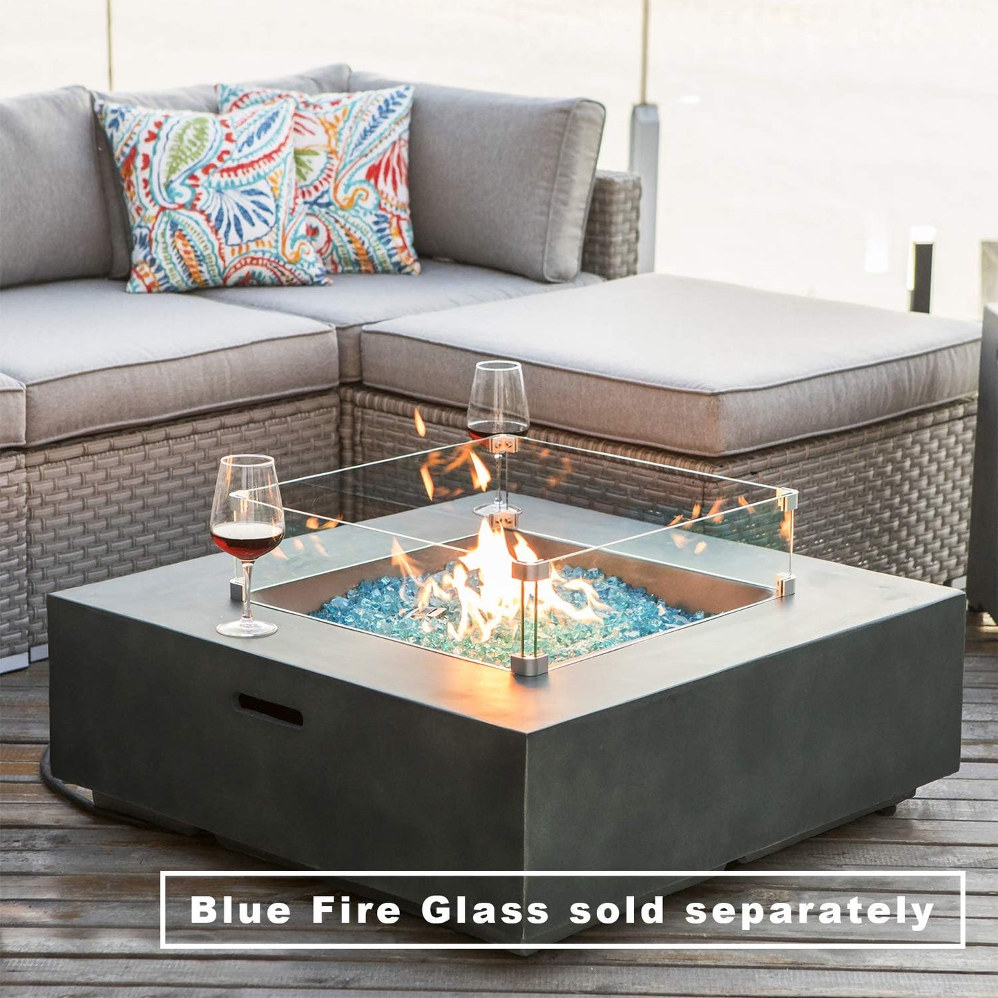 Outdoor Propane Fire Pit Coffee Table w Greyish-Green Square Faux Stone 35-inch Planter Base, 50,000 BTU Stainless Steel Burner, Wind Guard, Tank Outside and Rain