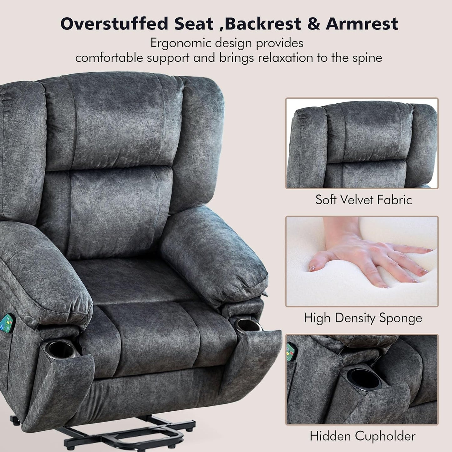 Power Lift Recliner Chair for Elderly,Lift Chair Fabric Recliner Chairs for Adults Comfort Velvet Recliner with Massage & Heat,and Hidden Cup Holder,Support Up to 330LBS