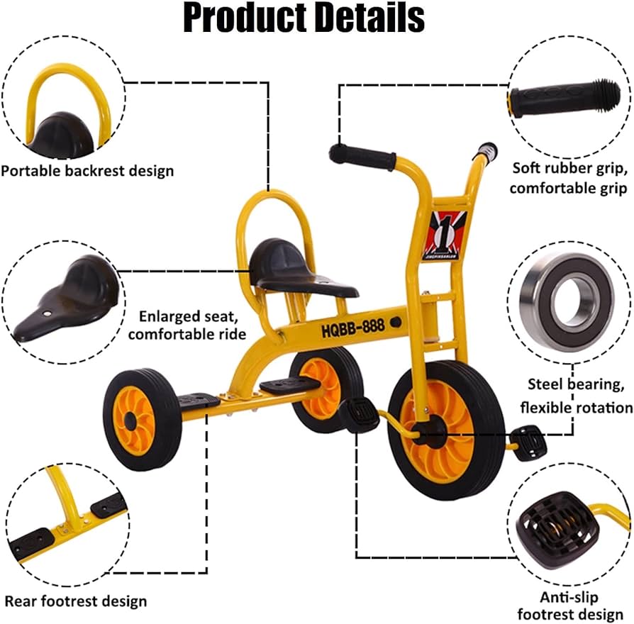 Kids Tricycle for Riders Ages 2+, Preschool Playground Tricycle, Daycare Toddler Tandem Trike, Children Double Seat Bikes with Passenger Seat, Outdoor Playground Equipment Tricycles