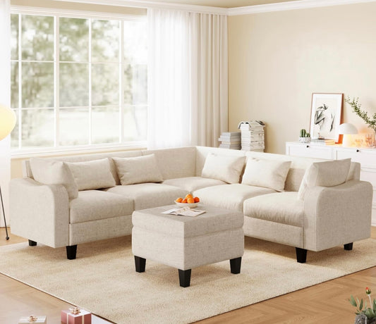 87" Modern Linen L Shape Sectional Sofa with Coffee Table,Sectional Couch with Storage Ottoman