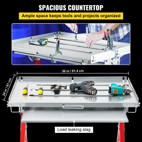 VEVOR Welding Table, 36" x 24", Steel Industrial Workbench w/ 400lbs Load Capacity, Adjustable Angle & Height, Casters, Retractable Guide Rails, Three 1.6" Slots Folding Work Bench