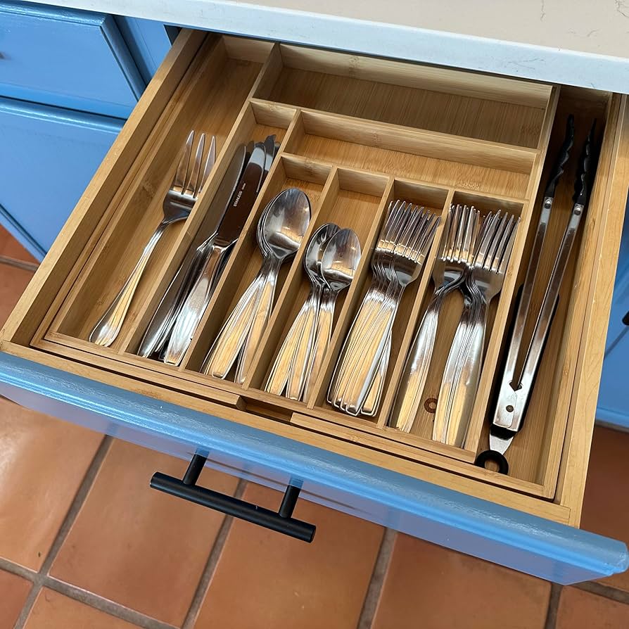 CBC Home- Extra Large Premium Bamboo Silverware Organizer- 14''-26'' Expandable Kitchen Drawer Organizer and Utensil Organizer, Cutlery Tray with Drawer Dividers (7-9 Slots)