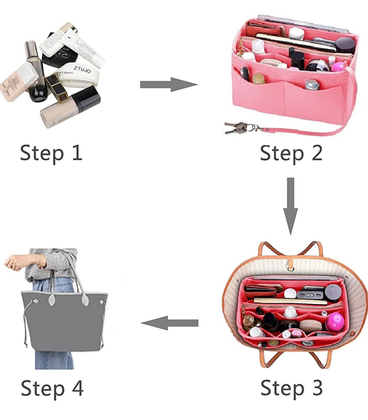 Purse Organizer Insert, with zipper, Handbag & Tote Shaper,Pink
