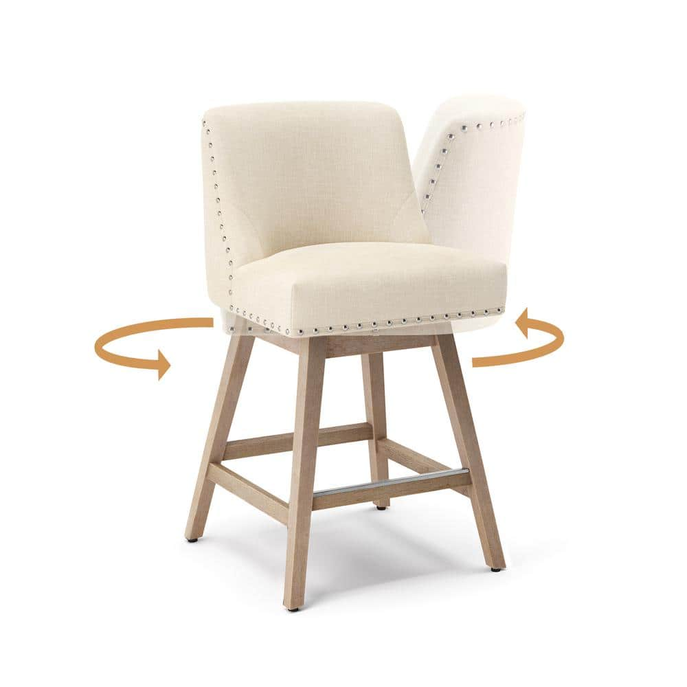 26 in. Wood 360° Free Swivel Upholstered Bar Stool with Back, Performance Fabric in Beige