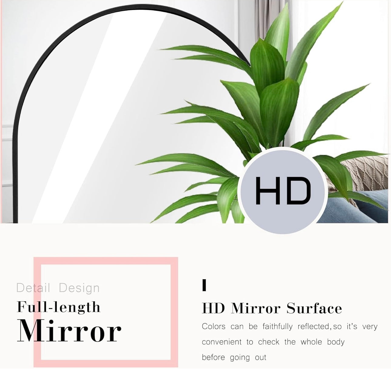 Arched Full Length Mirror, 72”x27”, Large Full Body Mirror with Aluminium Metal Frame, Shatter Protection, Wall-Mounted Mirrors for Living Room or Dressing Room. Black（Arched）