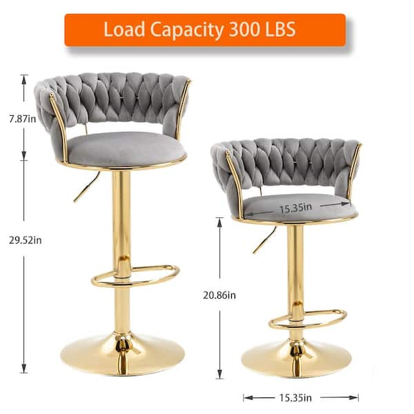 Set of 2 Modern Bar Stools, Stainless Steel Swivel, 360 Swivel Velvet Upholstered Adjustable Counter Bar Stool, Counter Gold High Chair, Rotation Kitchen Bar for Home Bistro, Grey