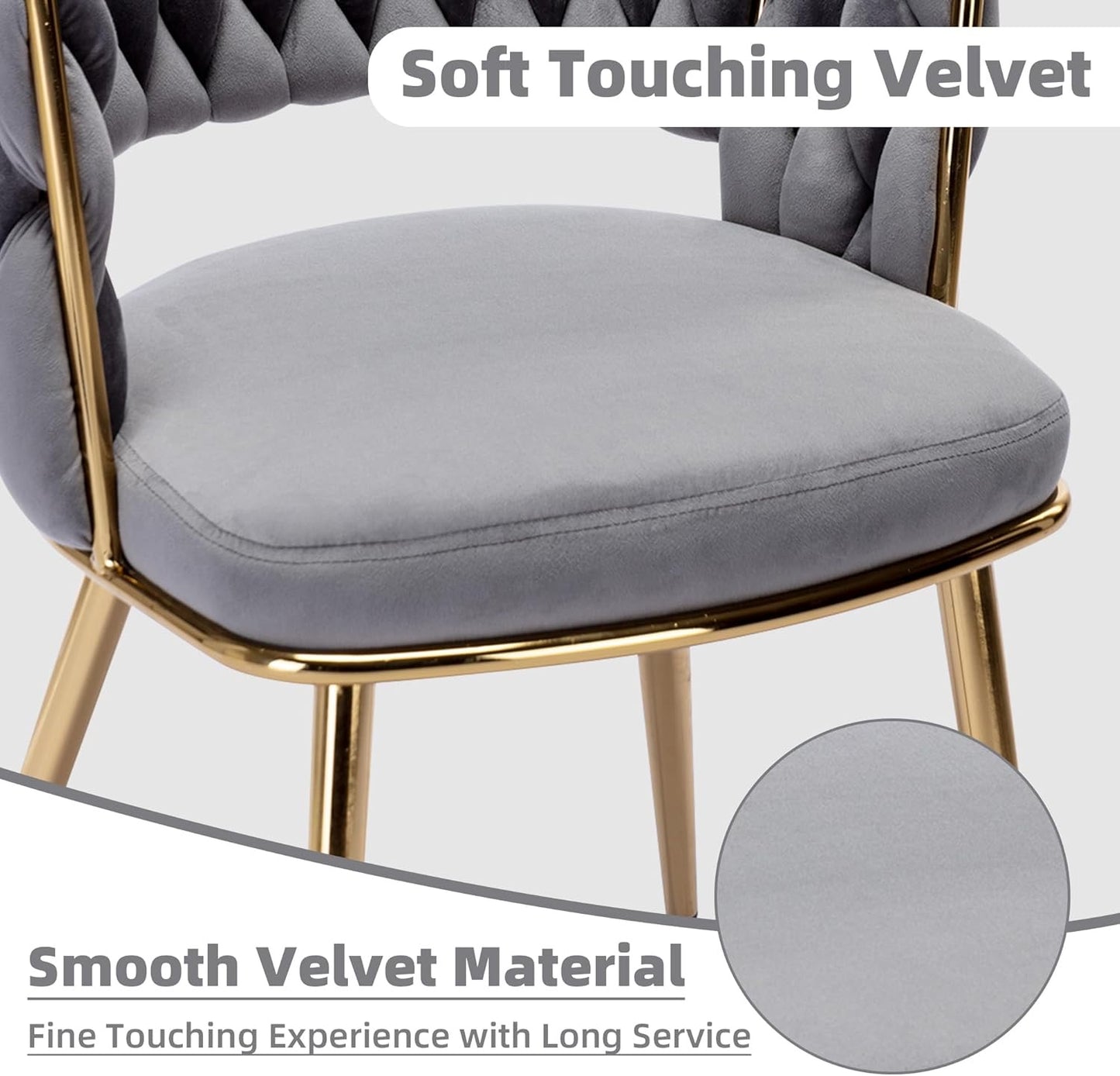 Velvet Dining Chairs Set of 2, Modern Side Chairs with Woven Back, Tufted Accent Chair with Comfortable Seat Sturdy Metal Golden Legs for Living Room, Kitchen, Bedroom, Light Grey