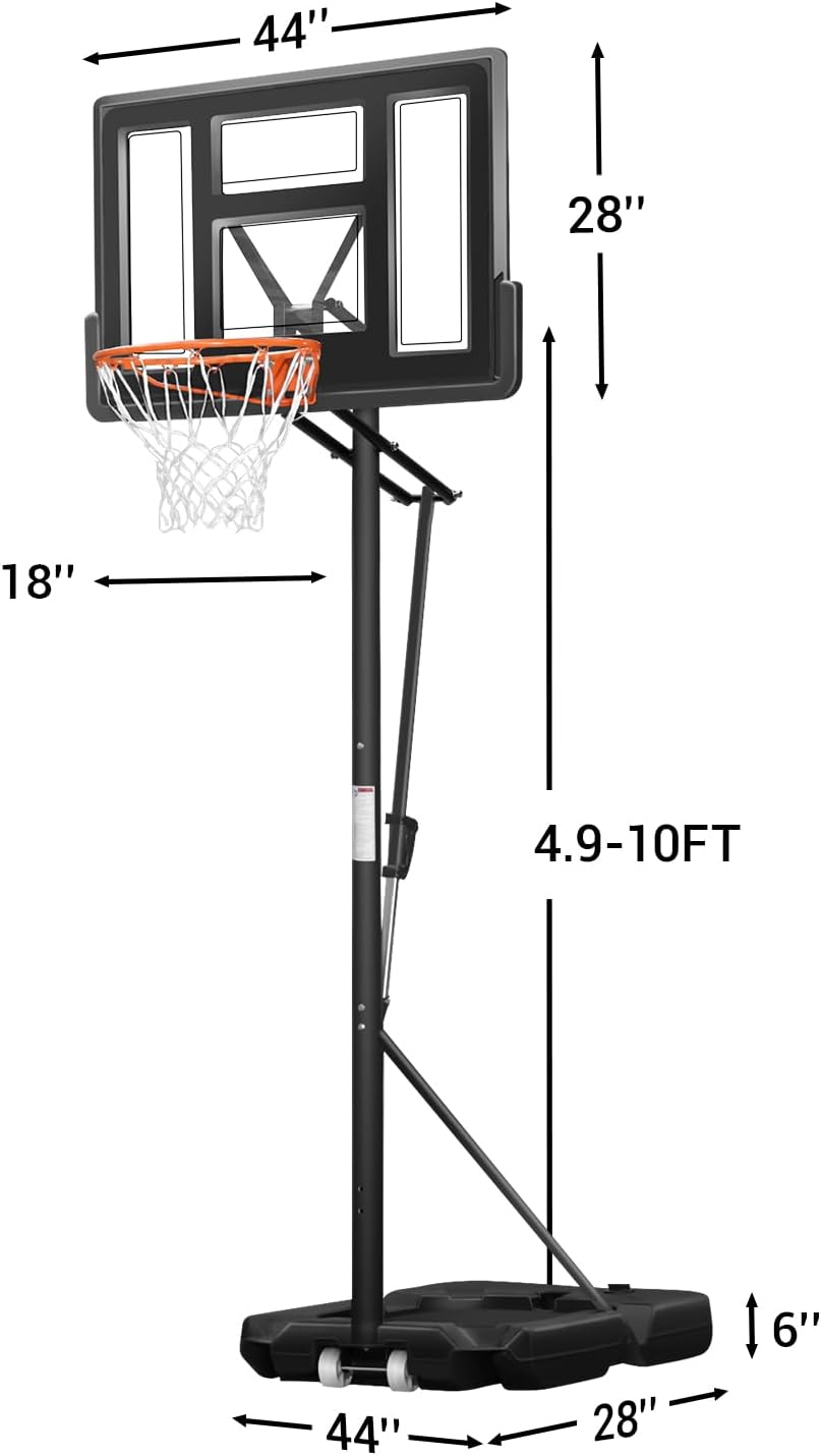 Portable Basketball Hoop Quickly Height Adjusted 4.9-10ft Outdoor/Indoor Basketball Goal System with 44 inch Backboard and Wheels for Adults