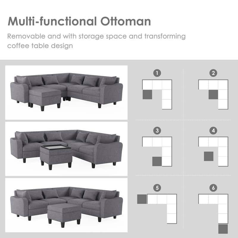 87" Modern Linen L Shape Sectional Sofa with Coffee Table,Sectional Couch with Storage Ottoman