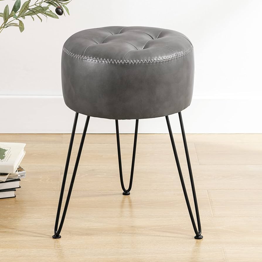 Faux Leather Vanity Stool Chair for Makeup Room, Grey Stool for Vanity, 19” Height, Tufted Small Vanity Chair Stool with Metal Legs, Modern Foot Stool Ottoman for Bedroom, Living Room