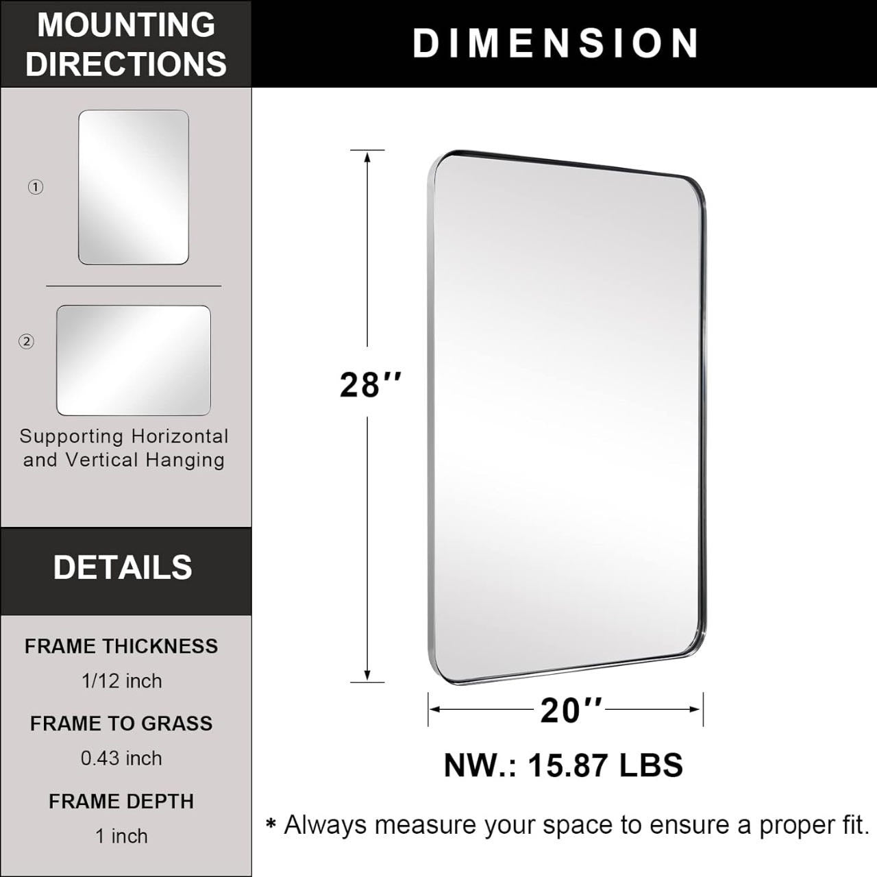 Stainless Steel Metal Frame Bathroom Wall Mirror 20x28”
