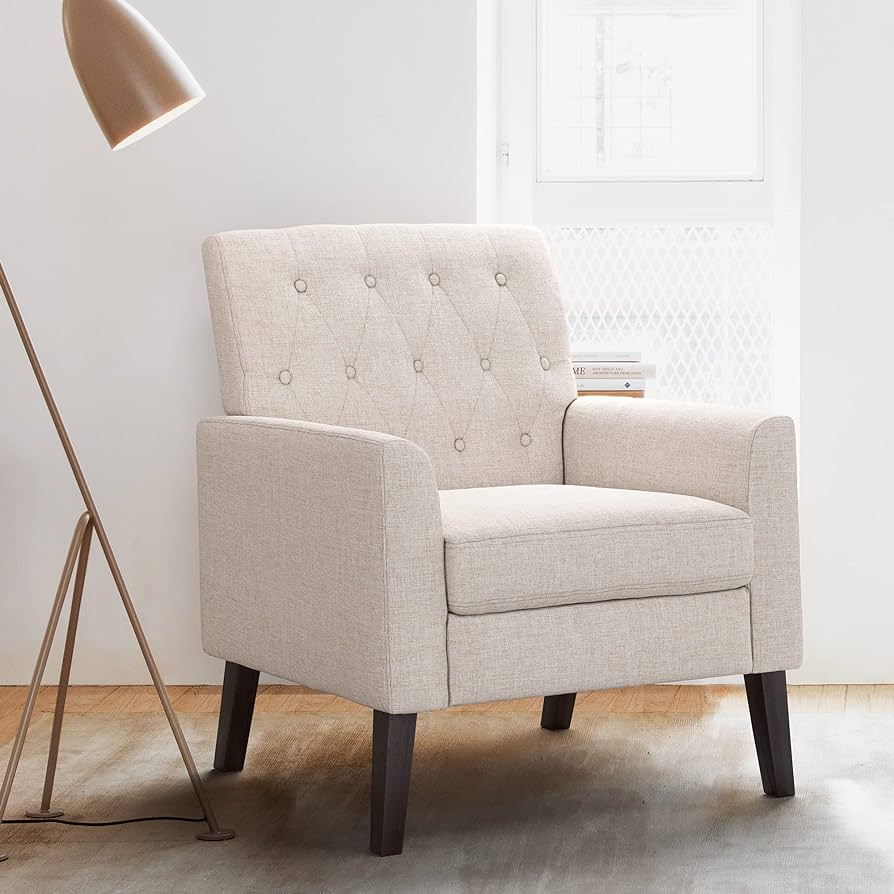 Linen Accent Chair 18.5" H, Button Tufted Upholstered Modern Arm Chairs, Comfy Living Room Chair with Arms, Armchair for Small Space, Living Room, Bedroom, Linen Color
