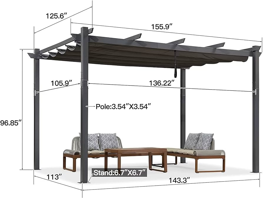 PURPLE LEAF 11' X 13' Outdoor Pergola with Retractable Canopy Aluminum Shelter for Porch Garden Beach Sun Shade Grape Trellis Pavilion Grill Gazebo Modern Backyard Deck Metal Patio Pergola Gray