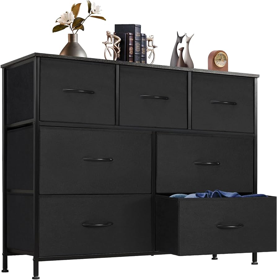 Dresser for Bedroom with 7 Drawers, Storage Organizer Units Furniture, Chest Tower TV Stand with Fabric Bins, Metal Frame, Wooden Top for Nursery, Living Room, Kidsroom, Closet