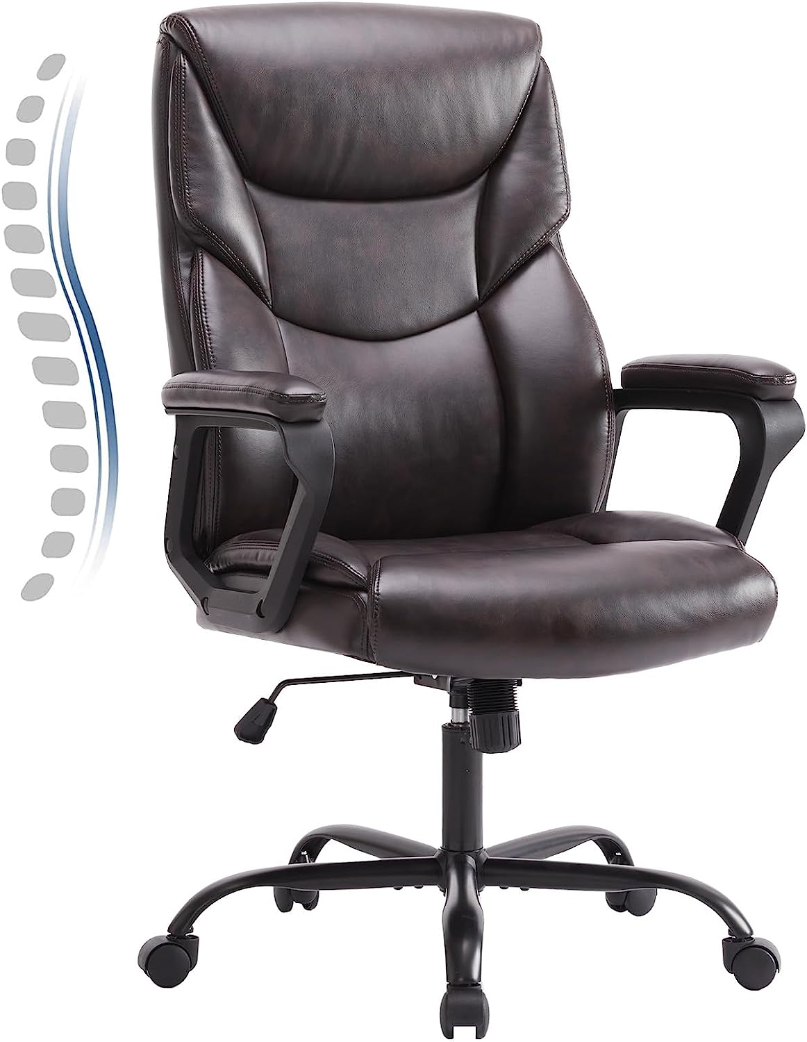 Office Chair with Ergonomic Padded Armrest, Lumbar Support, Strong Metal Base PU Leather, Brown