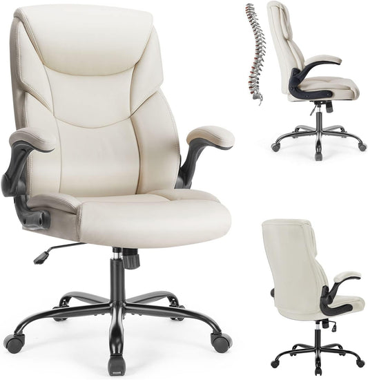 Office Chair, Ergonomic High Back Heavy Duty Task Chair with Flip-up Arms, PU Leather, Adjustable Swivel Rolling Chair with Wheels, Cream