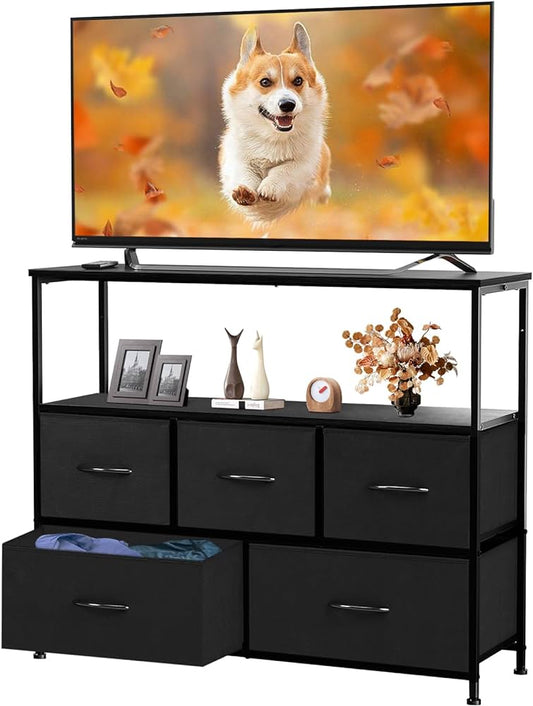 TV Stand for Bedroom, TV Dresser for 45 inches, Media Console Table, ETV Stand for Bedroom, TV Dresser for 45 inches, Media Console Table, Entertainment Center with 5 Fabric Drawers Cabinet and Open Storage Shelf Furniture Cabinet for Living Room, Hallway