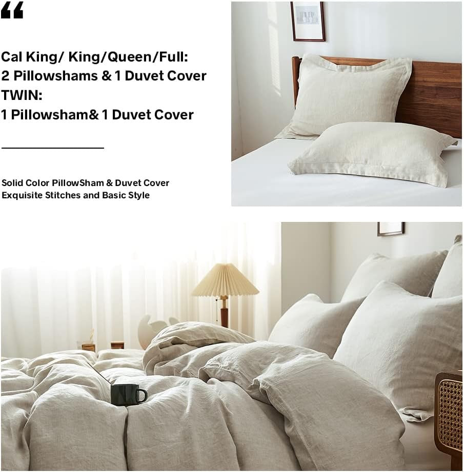 100% Linen Duvet Cover Set with Washed-French Flax-3 Pieces Solid Color Basic Style Bedding Set-Breathable Soft Comforter Cover with 2 Pillowshams(King,Linen)