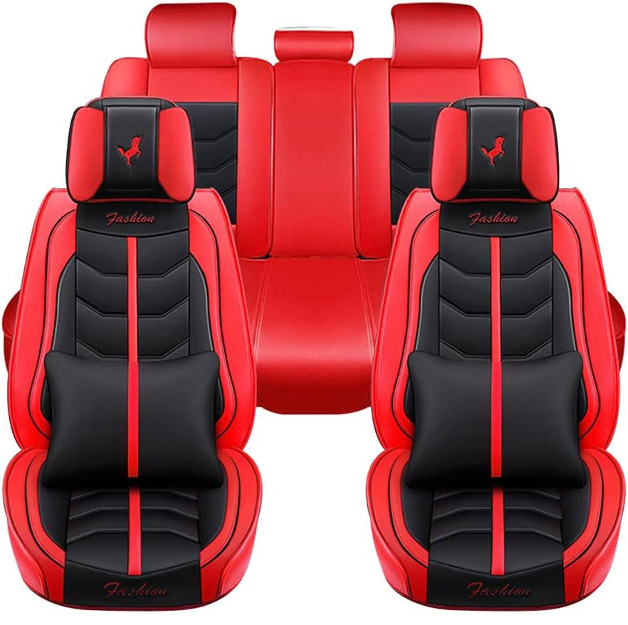 5pcs Universal Car Seat Covers Full Set PU Leather Automotive Vehicle Cushion Cover Full Surround Waterproof Protectors Accessories for Most 5 Seats Cars/SUV/Truck/Vans Red