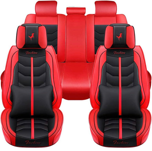 5pcs Universal Car Seat Covers Full Set PU Leather Automotive Vehicle Cushion Cover Full Surround Waterproof Protectors Accessories for Most 5 Seats Cars/SUV/Truck/Vans Red