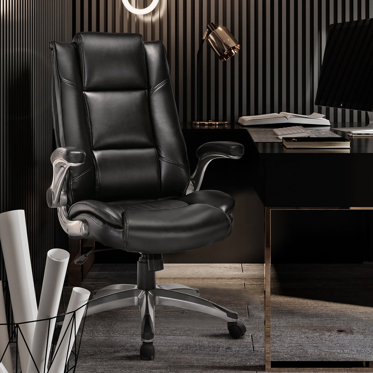 Leather Executive Office Chair- High Back Home Computer Desk Chair with Padded Flip-up Arms, Adjustable Tilt Lock, Swivel Rolling Ergonomic Chair for Adult Working Study, Black