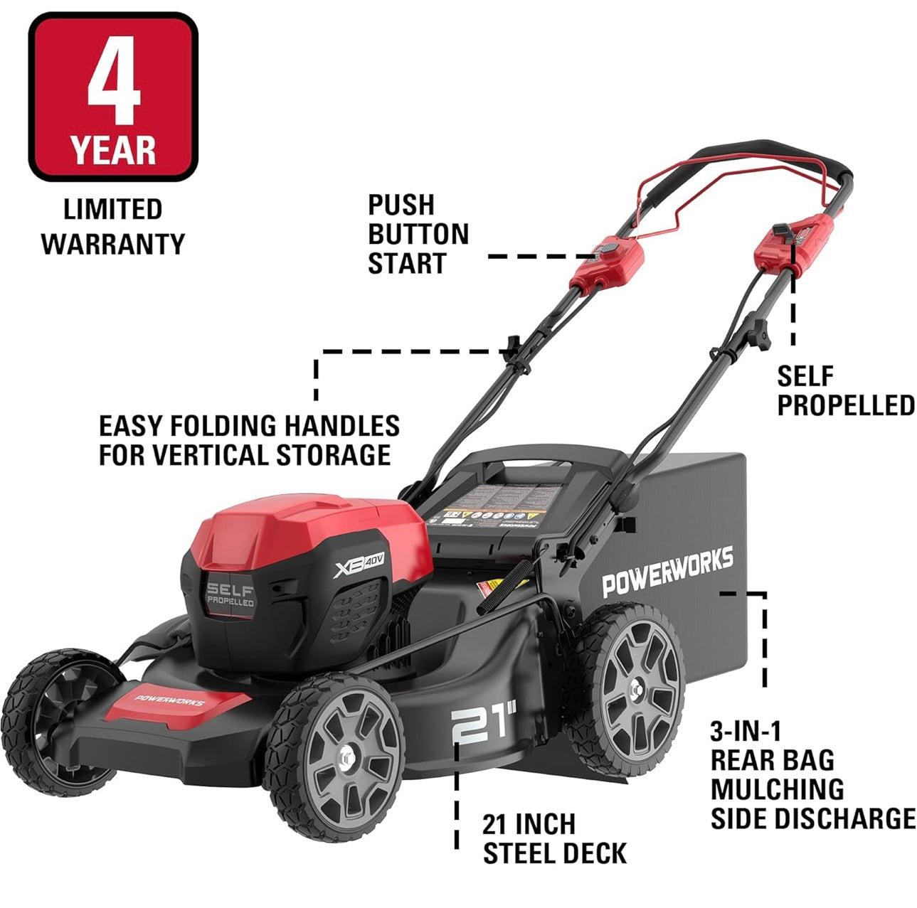 Powerworks XB 40V 21" Brushless Cordless Push Mower, Electric Self-Propelled Lawn Mower for Garden, with 4Ah Battery and Charger Included