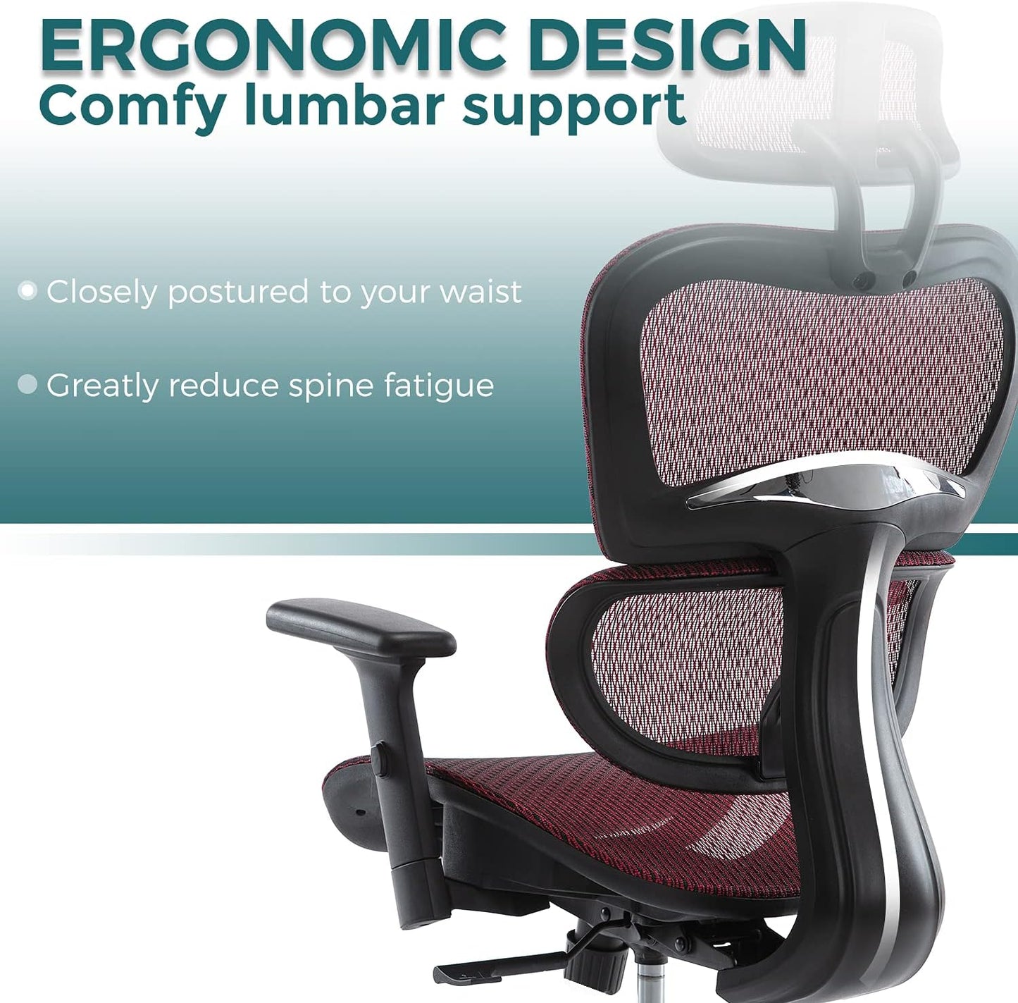 Ergonomic Red 47 '' Mesh High Computer Gaming Chair with 3D Lumbar Support and Wheels For Adult.