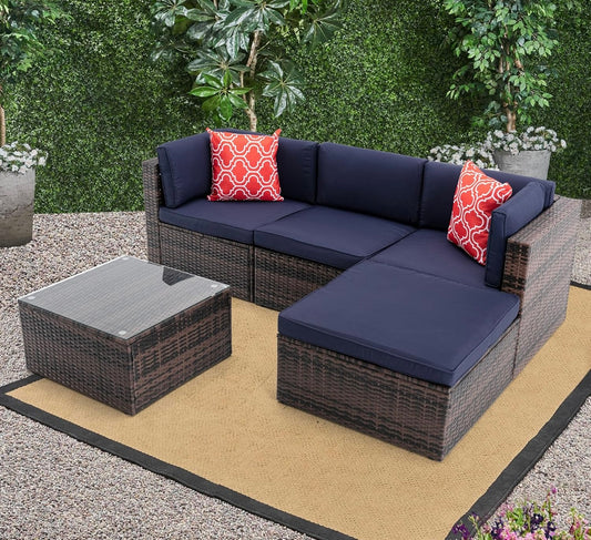 5Pcs Outdoor Garden Patio Furniture PE Rattan Wickerectional Cushioned Sofa Sets with 2 Pillows and Coffee Tablemodular sectional Sofa Sets with roof XI910, Navy Blue