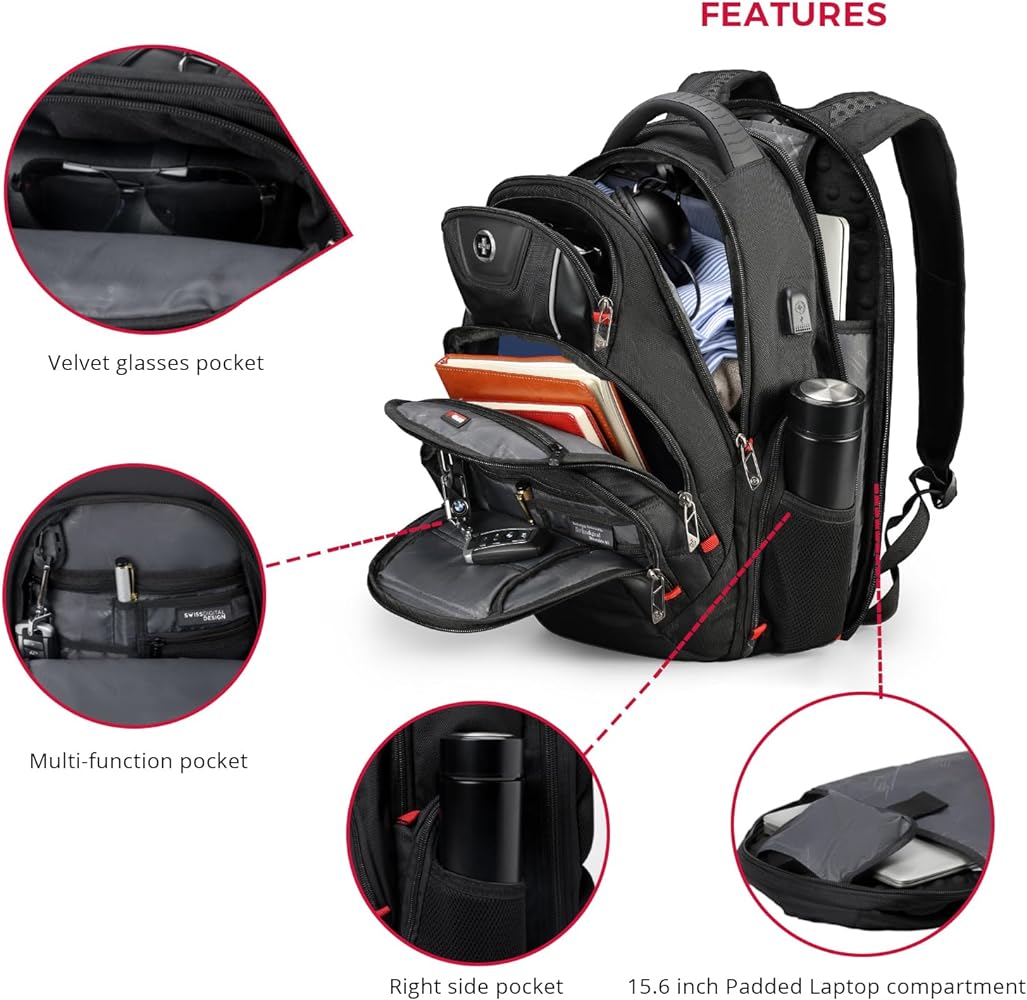 Swissdigital Design CIRCUIT Travel Backpack for men, TSA Friendly USB Charging RFID Protection Business Backpack Fits 15.6" Laptops Black (J14-BR)