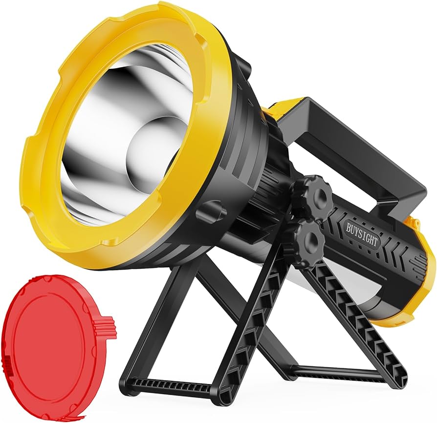 Rechargeable Spotlight Flashlight, 1000,000 lumens 600 Yards Range IP65 Waterproof Spot Lights Handheld Large searchlight with red Lens Side Flood Light Light USB C Recharge (Bright Yellow)