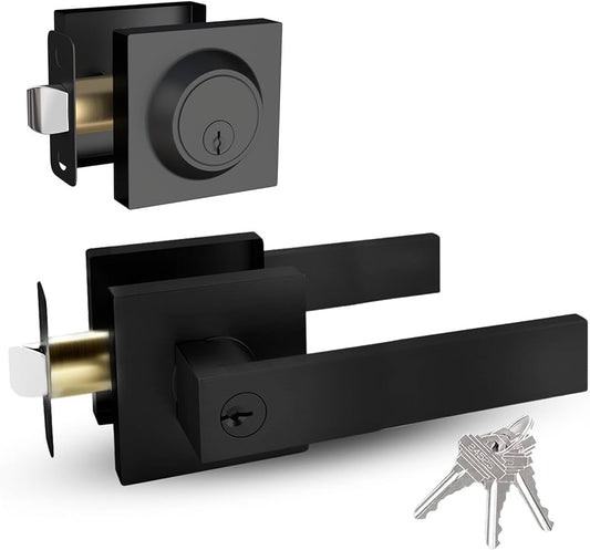 Entry Combo I Entry Lever Door Handle and Single Cylinder Deadbolt Lock and Key Combo Pack - Heavy Duty Square Locking Lever Set for Left or Right-Handed Doors - Matte Black