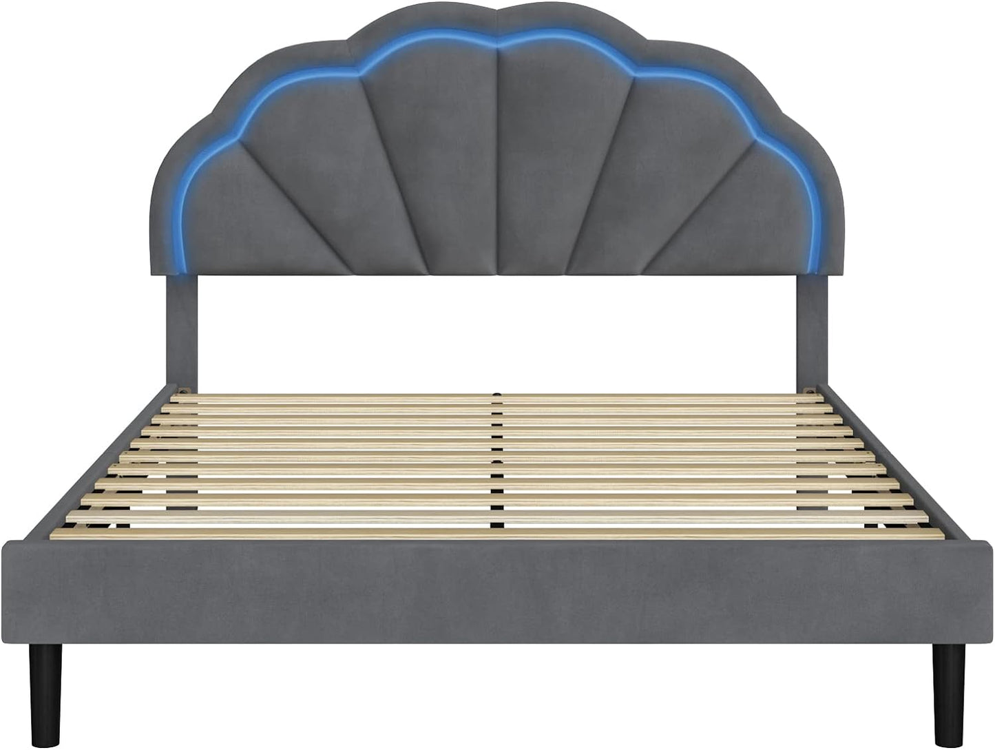 Full Upholstered Smart LED Bed Frame with Adjustable Elegant Flowers Headboard. Grey