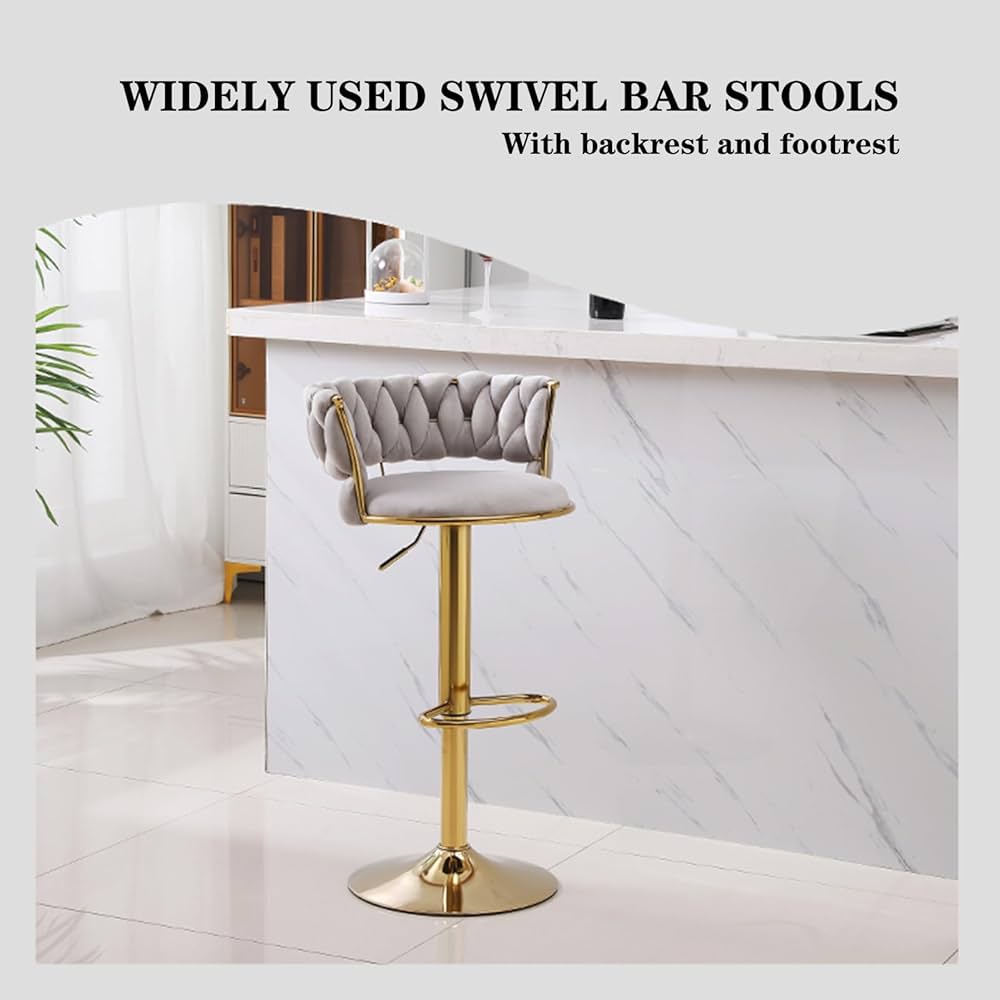 Set of 2 Modern Bar Stools, Stainless Steel Swivel, 360 Swivel Velvet Upholstered Adjustable Counter Bar Stool, Counter Gold High Chair, Rotation Kitchen Bar for Home Bistro, Grey